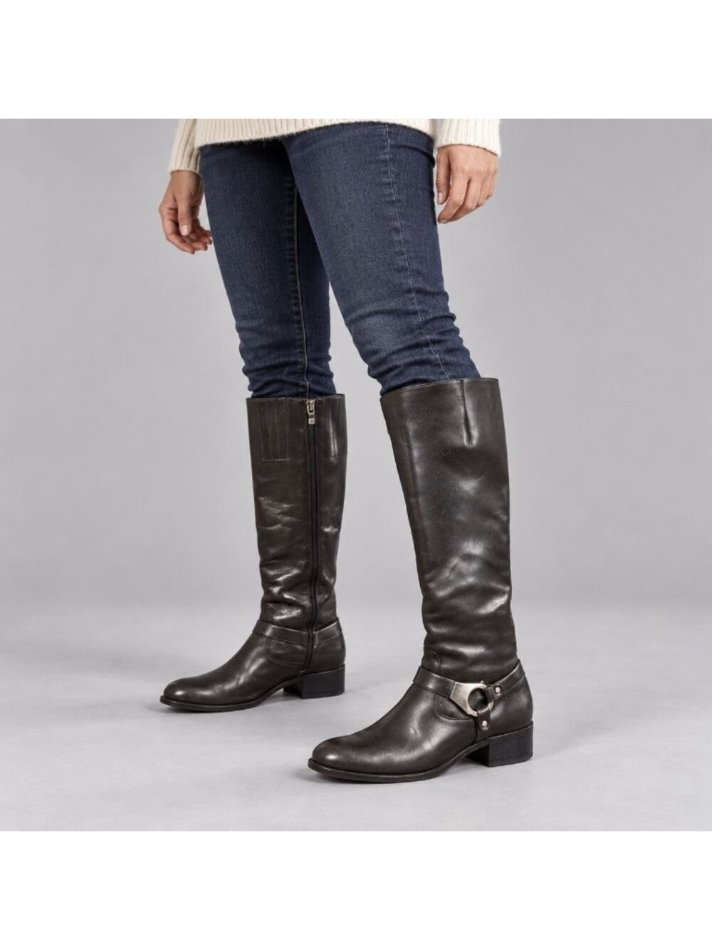 Via Spiga Black Tall Riding Boots Silver-Tone Hardware Low Heel 6.5M
